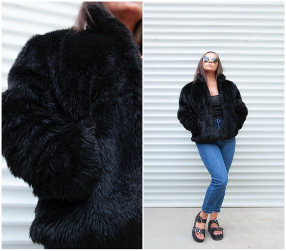 80s Black Faux Fur Jacket size S/M ST MORITZ Very… - image 2