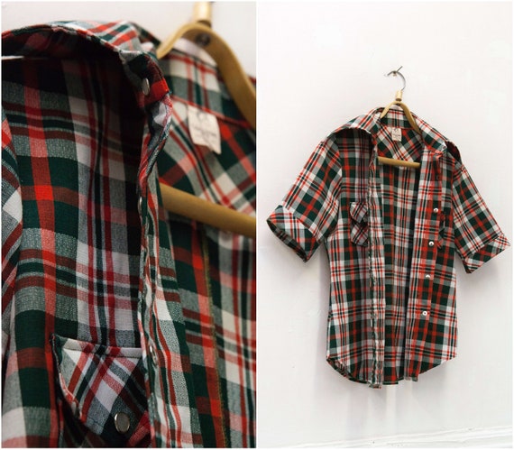 70s Check Top M Retro Plaid Shirt Vintage Tartan … - image 3