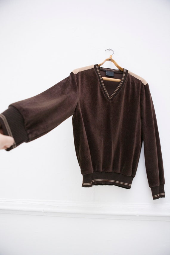 70s Brown Velour Sweater size M Ribbed Velvet Jump