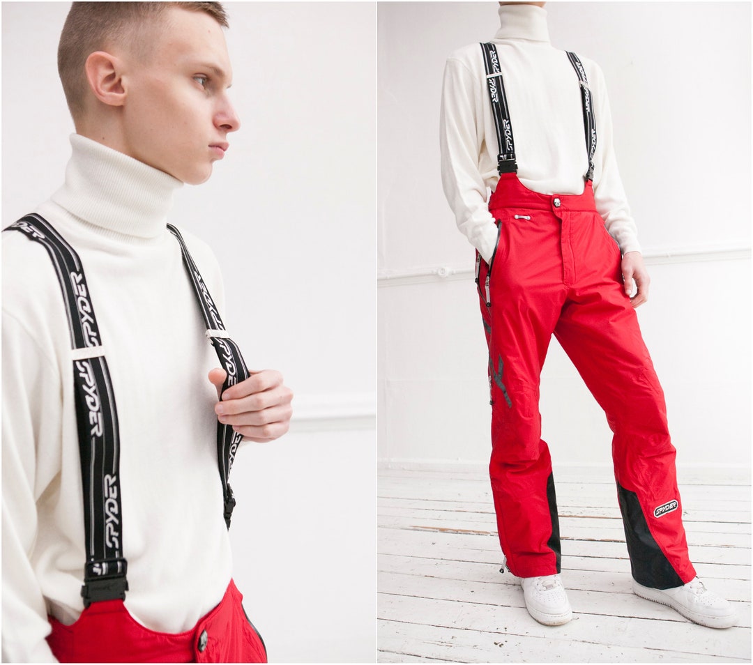 90s Red Jumpsuit Men M Ski Pants With Suspenders Vintage Snow Etsy