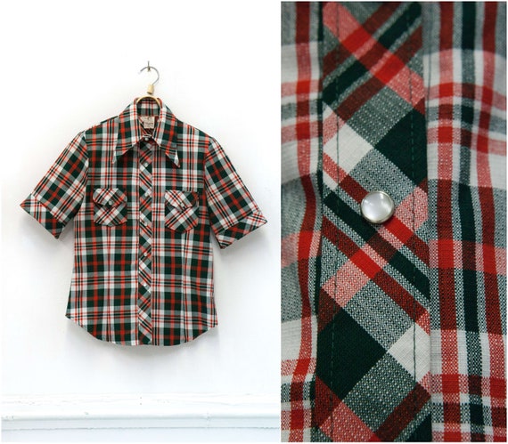 70s Check Top M Retro Plaid Shirt Vintage Tartan … - image 1