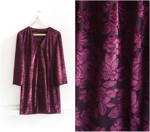 90s Purple Velvet Floral Mini Dress M L Semi Shee… - image 1