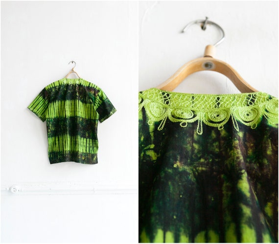 Vintage Ethnic Top Womens Medium 70s Green Black … - image 4