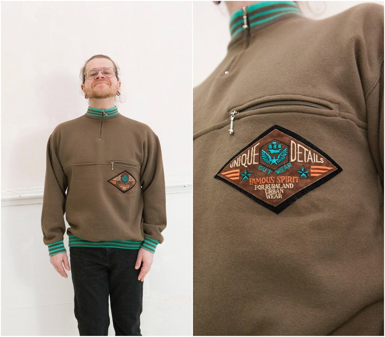 90s Zip Up Neck Sweater Mens M Khaki Striped Turtleneck | Etsy
