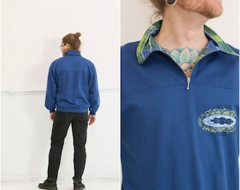 90s Blue Zip Up Neck Sweater Mens S Baggy Long Sleeve Turtleneck Sweatshirt Womens M Made In Germany