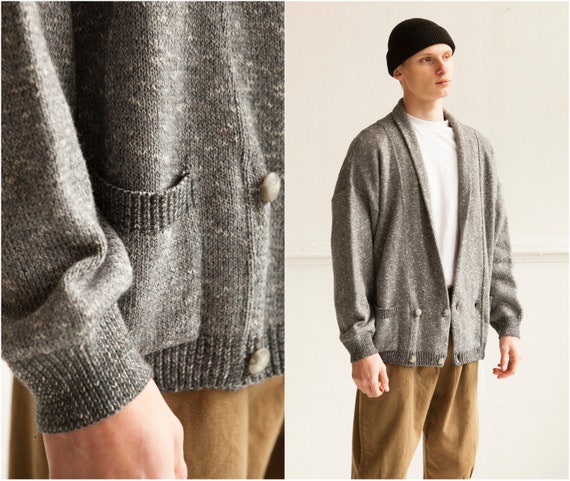 90s Grey Double Breasted Knit Jacket Men Size M Vintage Deep V