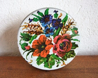 vintage runde blechdose blumen stickerei