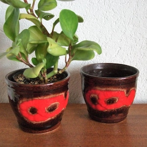 Può includere: Due vasi di fiori in ceramica marrone con disegni geometrici rossi e marroni. Il vaso a sinistra ha una pianta verde che cresce al suo interno.