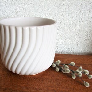 K&ouml;nnte beinhalten: Wei&szlig;er Keramiktopf mit wellenf&ouml;rmigem, geripptem Design. Der Topf steht auf einer Holzoberfl&auml;che mit einem Zweig Weidenk&auml;tzchen.