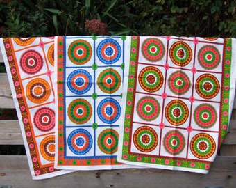 vintage 3 tea towels mandala unused cotton terry