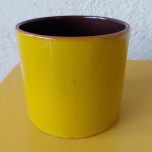 Può includere: Un vaso cilindrico in ceramica con esterno giallo lucido e interno marrone scuro. Il bordo del vaso ha una sottile fascia marrone chiaro. Il vaso è appoggiato su una superficie gialla.
