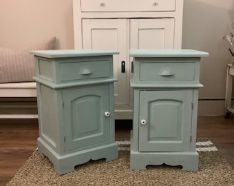 Two bedside tables, shabby chic in green