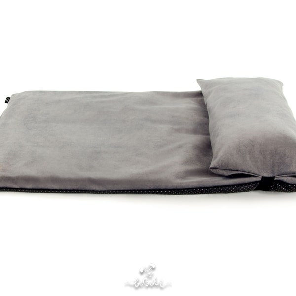 Dog bed - Pillow for dog - Gray recycled velvet dog bed - Roll-Up Dog Travel Bed