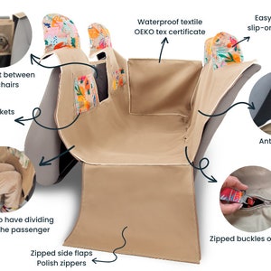 May include: Beige car seat protector with a zippered divider, side flaps, and utility pockets. It has a waterproof, Oeko-Tex certified fabric and an anti-slip lining. The protector is easy to install with slip-on headrests.