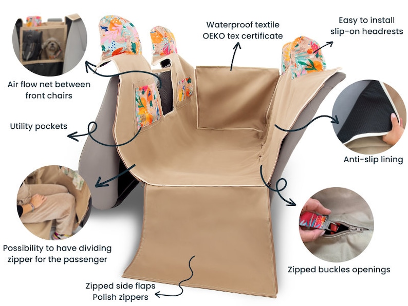 May include: Beige car seat protector with a zippered divider, side flaps, and utility pockets. It has a waterproof, Oeko-Tex certified fabric and an anti-slip lining. The protector is easy to install with slip-on headrests.