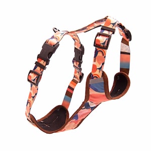 Peut inclure: Harnais pour chien coloré avec un motif floral dans les tons pêche, bleu et orange. Il est doté de sangles réglables, de boucles en plastique noir et d'une pièce pectorale rembourrée marron. Le design comprend des rayures sur les sangles.
