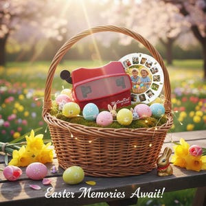 Op de afbeelding: Een gevlochten mand gevuld met versierde paaseieren, een rode View-Master en een fotorol. De mand staat op een houten oppervlak met narcissen en een gouden konijnenbeeldje. De tekst "Easter Memories Await!" staat onderaan.