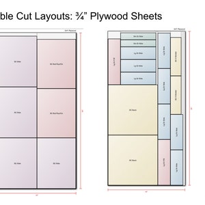 May include: Diagram showing two possible cut layouts for 3/4" plywood sheets. The first layout shows four equal squares, each labeled "SC Side". The second layout shows a more complex arrangement of rectangles, labeled "SC Back", "SC Side", "Lg Dr Side", and "Sm Dr Side".