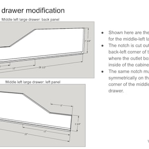 May include: Line drawing diagram showing the dimensions of a drawer modification for a cabinet. The diagram shows the back panel and left panel of the drawer with measurements in inches.
