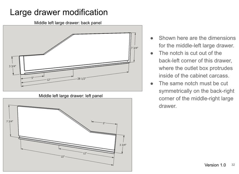 May include: Line drawing diagram showing the dimensions of a drawer modification for a cabinet. The diagram shows the back panel and left panel of the drawer with measurements in inches.