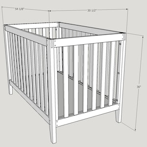 May include: A white wooden crib with a slatted design, measuring 54 1/8 inches long, 30 1/2 inches wide, and 36 inches high.