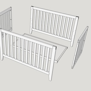 May include: A disassembled crib with four separate pieces, including the headboard, footboard, side rail, and mattress support.