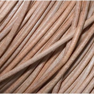 May include: Close-up of a reel of light brown leather cord. The cord is smooth and has a subtle sheen.