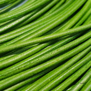 Puede incluir: Primer plano de un haz de cordón de cuero verde. El cordón es liso y tiene una superficie ligeramente texturizada.