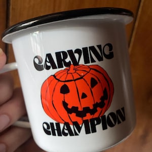 Pumpkin Carving Champion Camp Mug, Halloween Coffee Cup, Trick or Treat Mart, Vintage Nostalgia