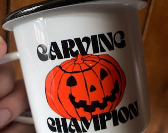 Pumpkin Carving Champion Camp Mug, Halloween Coffee Cup, Trick or Treat Mart, Vintage Nostalgia