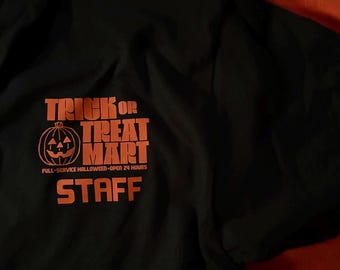 Trick or Treat Mart Staff T Shirt, Halloween Top, Vintage Style