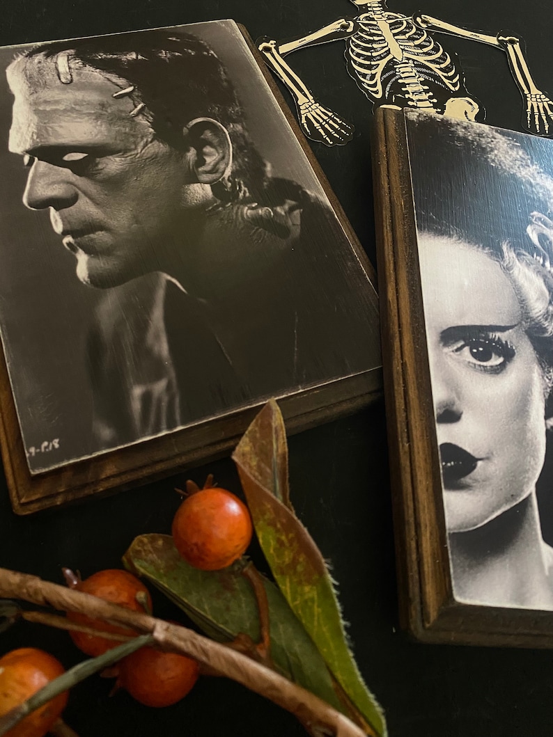 Puede incluir: Dos im&aacute;genes enmarcadas en blanco y negro de personajes cl&aacute;sicos de pel&iacute;culas de terror. La imagen de la izquierda es del monstruo de Frankenstein. La imagen de la derecha es de la Novia de Frankenstein.
