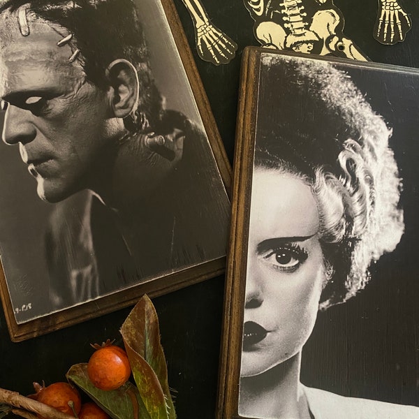 Frankenstein and Bride Wood Plaque DUO, Goth Decor, Horror Gallery Wall, Halloween Wedding, Gothic Art