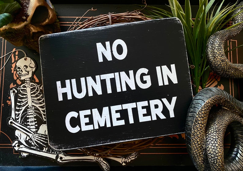 Op de afbeelding: Een zwart houten bord met witte tekst die "NO HUNTING IN CEMETERY" luidt. Het bord is omringd door een skelet, een schedel en een slang.