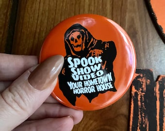 Retro Halloween Buttons, Vintage Halloween, Spook Show Video Store Pin