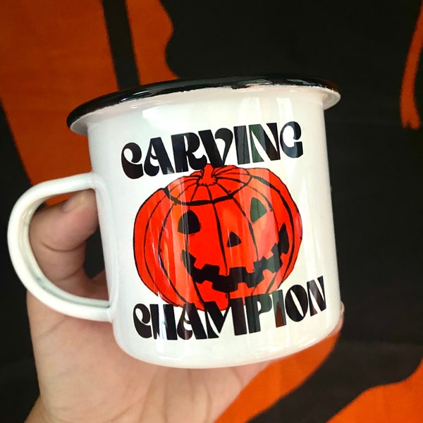 Pumpkin Carving Champion Camp Mug, Halloween Coffee Cup, Trick or Treat Mart, Vintage Nostalgia