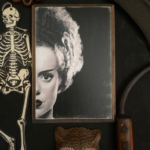 Bride of Frankenstein Wood Plaque, Goth Home Decor, Dark Wall Art