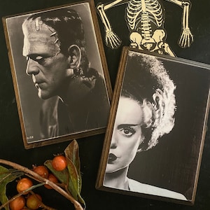 Puede incluir: Dos im&aacute;genes enmarcadas en blanco y negro de personajes cl&aacute;sicos de pel&iacute;culas de terror. La primera imagen es del monstruo de Frankenstein, y la segunda imagen es de la novia de Frankenstein.
