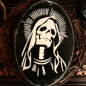 Santa Muerte Wood Plaque, Goth Home Decor, Dark Wall Art