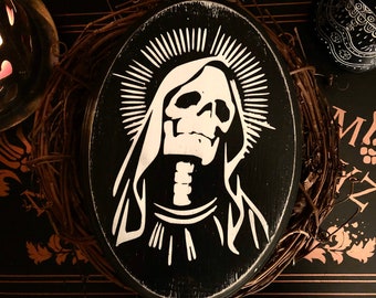Santa Muerte träplakett, gotisk heminredning, mörk väggkonst