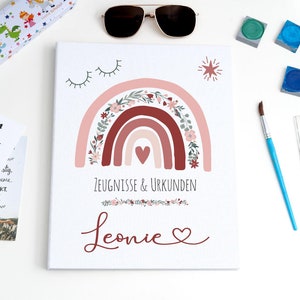 Zeugnismappe Regenbogen Leinen mit Namen personalisiert Dokumentenmappe Urkundenmappe Ringbuch Zeugnisordner mit 5 Klarsichtfolien DINA4
