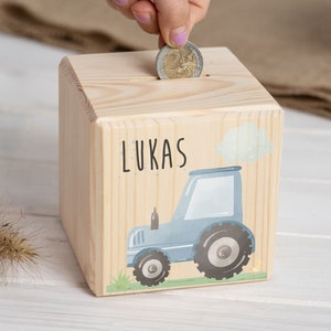 Spardose Kind personalisiert mit Name, Landmaschine Traktor, Spardose, Sparwürfel Holz, Weihnachtsgeschenk, Spardose Baby, Sparschwein,
