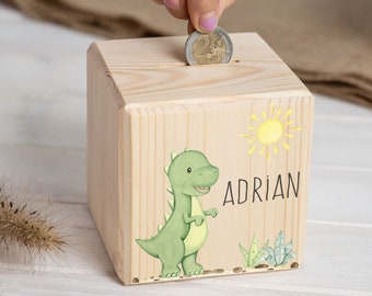 Money box child personalized with name, cute Trex, money box, money cube wood, Christmas gift, money box baby, piggy bank, dino,