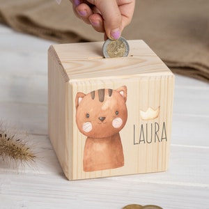 Spardose Kind personalisiert mit Name, süße Katze, Spardose, Sparwürfel Holz, Weihnachtsgeschenk, Spardose Baby, Sparschwein, süße Tiere,