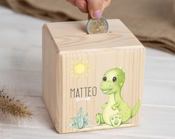 Money box child personalized with name, cute baby Trex, money box, money cube wood, Christmas gift, money box baby, piggy bank, dino,