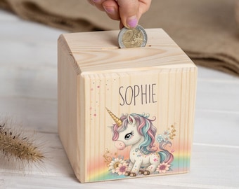 Salvadanaio personalizzato per bambini con nome, unicorno, salvadanaio, cubo di denaro in legno, regalo di Natale, salvadanaio per neonati, salvadanaio, unicorno