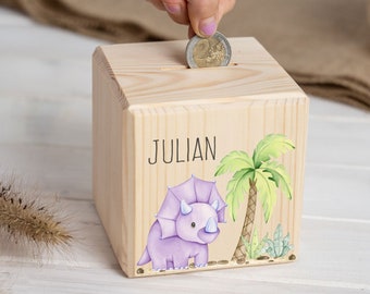 Money box child personalized with name, cute triceratops, money box, money cube wood, Christmas gift, money box baby, piggy bank, dino,