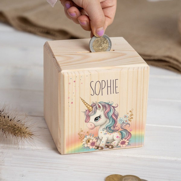 Spardose Kind personalisiert mit Name, Einhorn, Spardose, Sparwürfel Holz, Weihnachtsgeschenk, Spardose Baby, Sparschwein, Unicorn