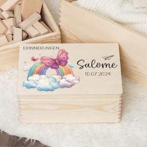 Personalisierte Erinnerungskiste | Holzkiste Regenbogen Schmetterling| Aufbewahrungskiste  |Erinnerungsbox Baby Taufe Geburtstag | Holzkiste