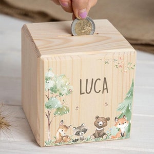Spardose Kind personalisiert mit Name, Waldtiere Woodland Reh Bär Fuchs, Spardose, Sparwürfel Holz, Weihnachtsgeschenk, Spardose